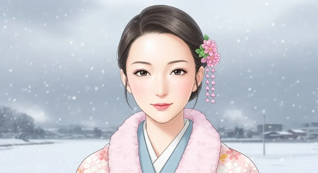 雪景色の中で色白で透明感のある肌をした新潟女性の美肌の特徴を表す上品なイメージ