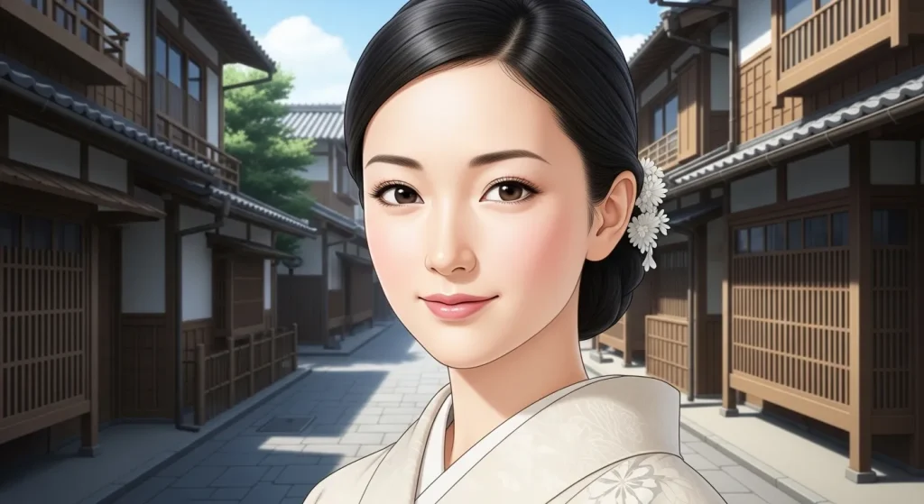 和の街並みの中で上品で整った顔立ちをした新潟女性の美人の特徴を表すイメージ