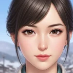 秋田の雪景色を背景にした色白で整った顔立ちの女性のイラスト