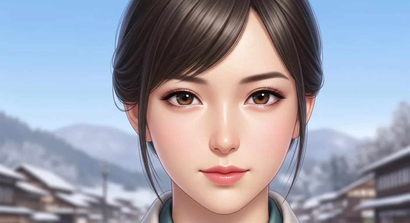 秋田の雪景色を背景にした色白で整った顔立ちの女性のイラスト