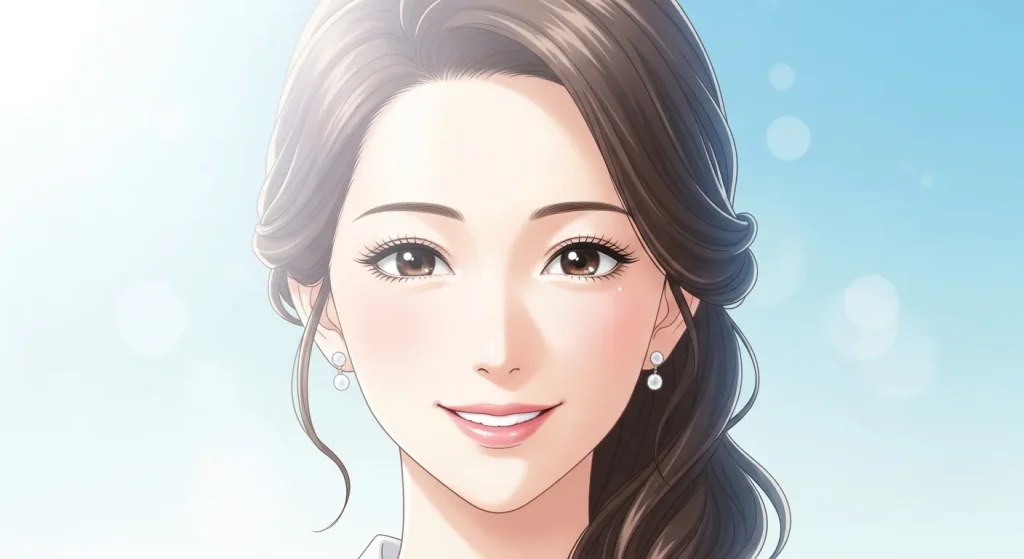 秋田美人の特徴である色白で整った顔立ちと上品な雰囲気の女性のイラスト