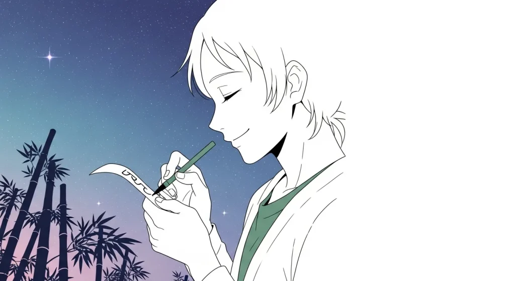 七夕の短冊に一言の願い事を書く人物のイラスト｜シンプルでセンスいい願い事のイメージ