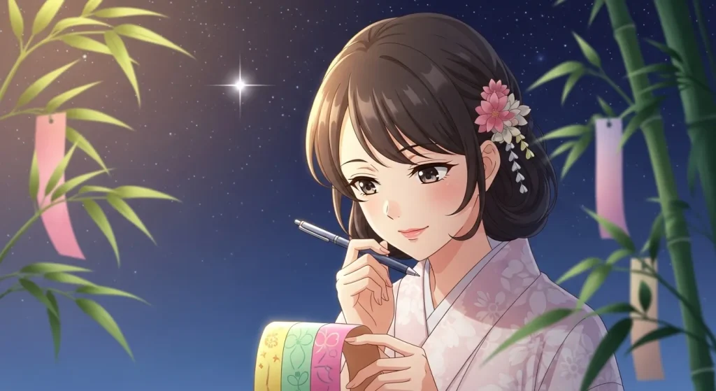 七夕の短冊に願い事を書く女性のイラスト｜センスいい願い事のイメージ