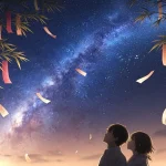 七夕の夜に短冊と星空を見上げる男女のイラスト｜センスいい願い事のイメージ