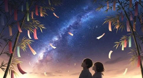 七夕の夜に短冊と星空を見上げる男女のイラスト｜センスいい願い事のイメージ