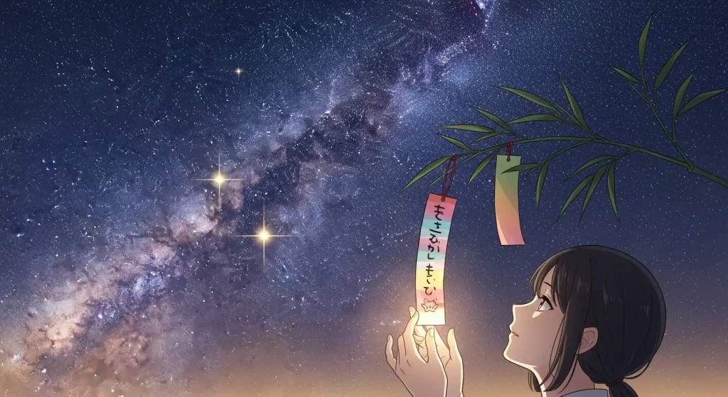 七夕の短冊と星空を見上げる女性のイラスト｜センスいい願い事のまとめイメージ