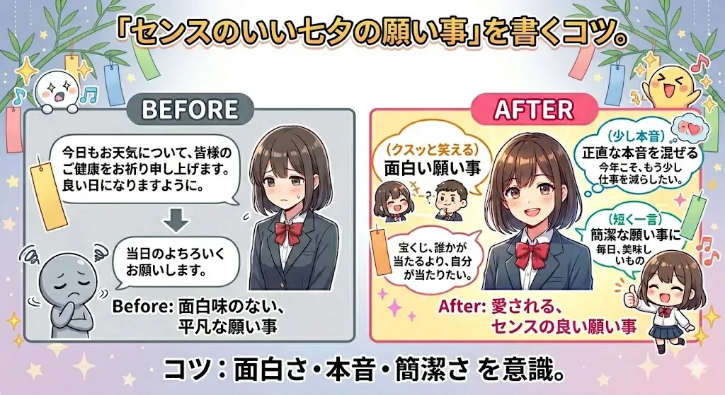 七夕の願い事をセンスよく書くコツの図解｜面白さ・本音・簡潔さのポイント解説