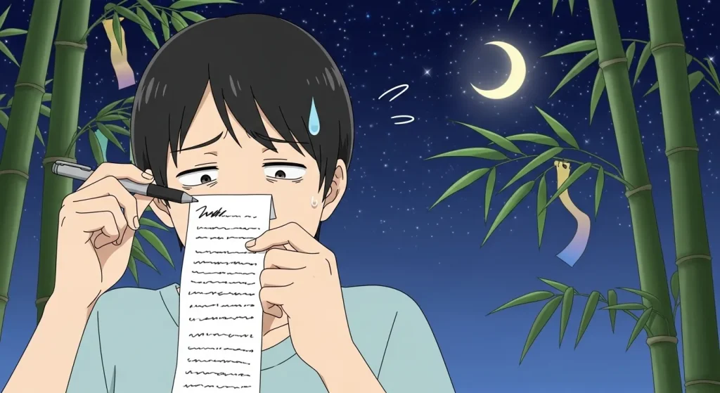 七夕の短冊に長い願い事を書いて悩む男性のイラスト｜センスが悪く見えるNG例のイメージ