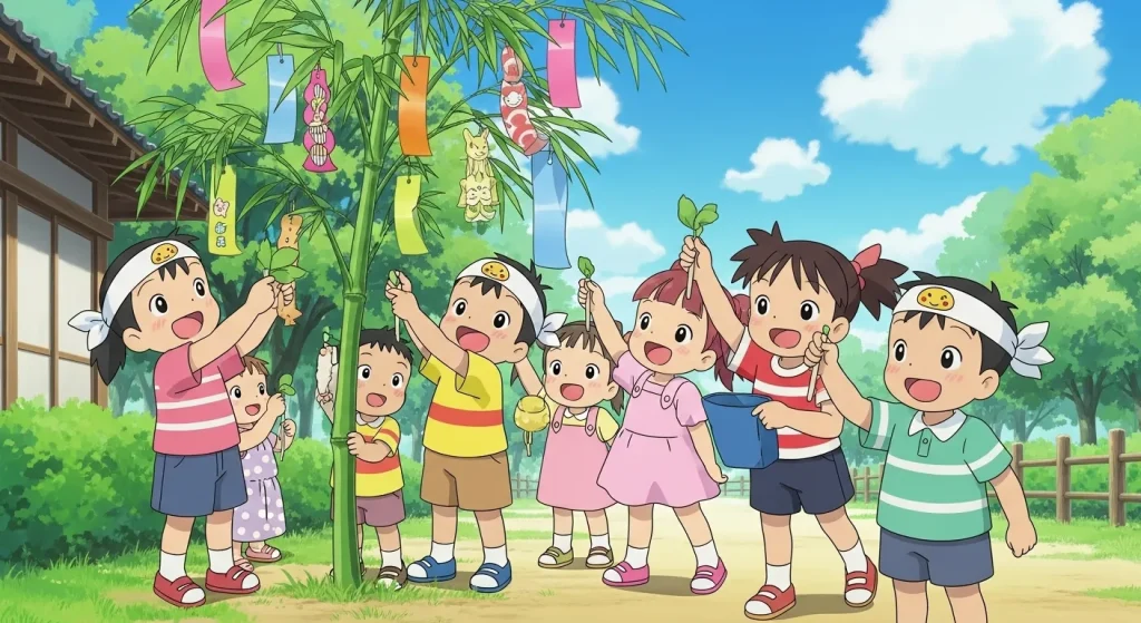 七夕の笹に短冊を飾る保育園の子どもたちのイラスト｜かわいい願い事のイメージ