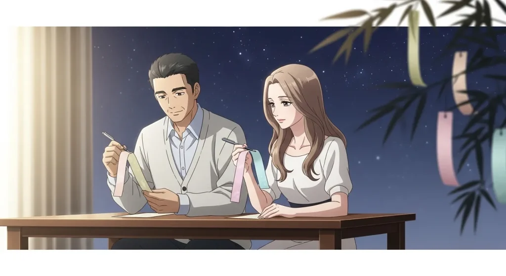 七夕の短冊に願い事を書く大人の男女のイラスト｜おしゃれでセンスいい願い事のイメージ