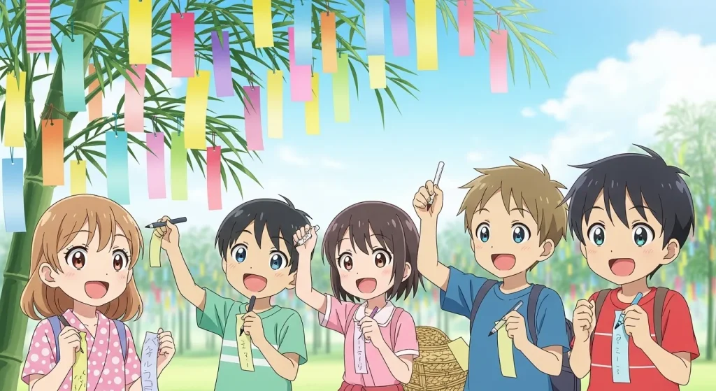 七夕の短冊に願い事を書く子どもたちのイラスト｜学生向けのセンスいい願い事のイメージ