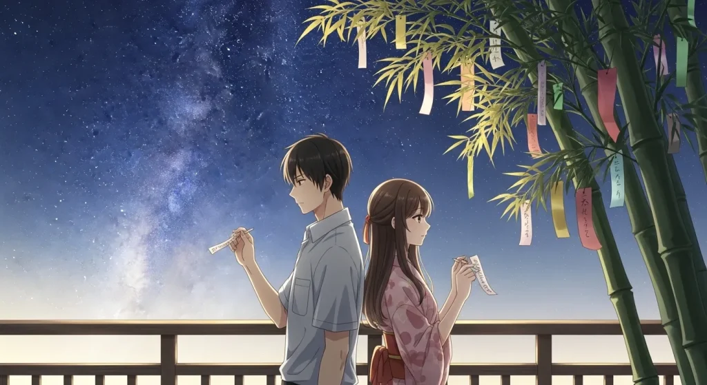 七夕の短冊に願い事を書く男女のイラスト｜恋愛でセンスいい願い事のイメージ