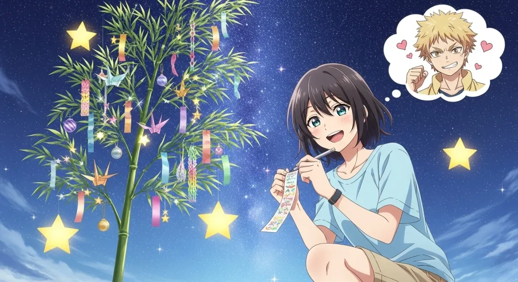 七夕の短冊に推しへの願い事を書く女性のイラスト｜推し活でセンスいい願い事のイメージ