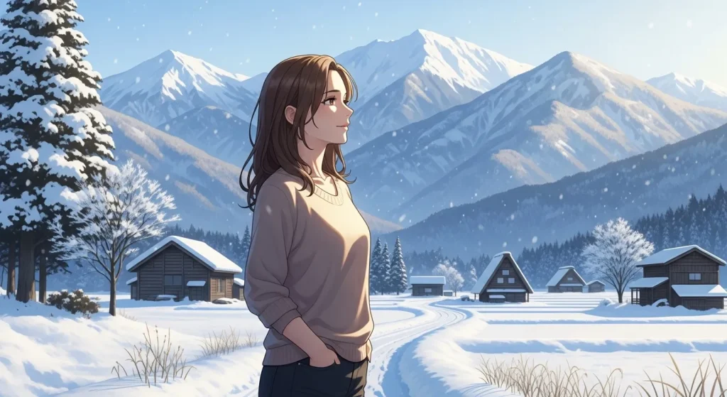 秋田の雪景色の中で自然と調和する色白で透明感のある女性のイラスト