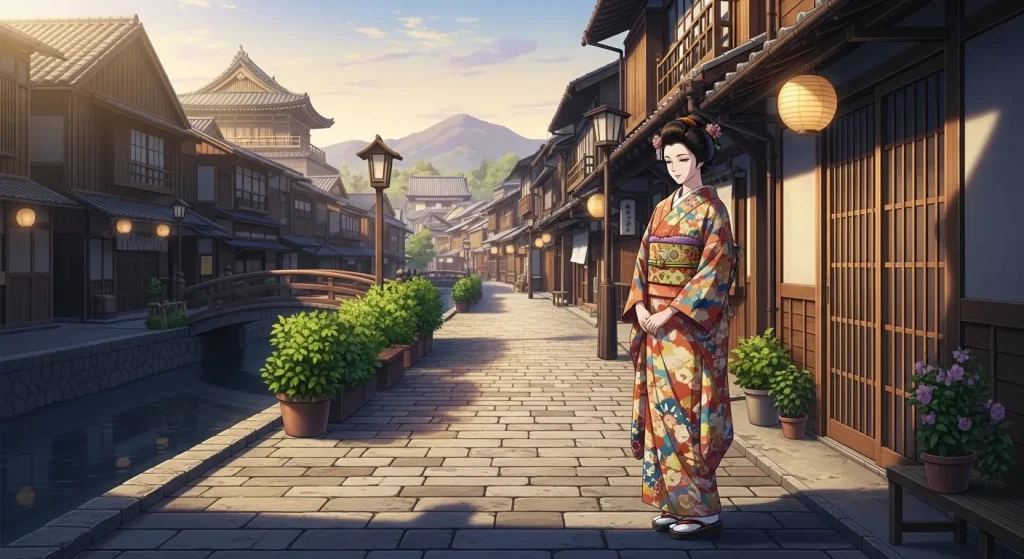 秋田美人の歴史や文化をイメージした和風の町並みと着物姿の女性のイラスト