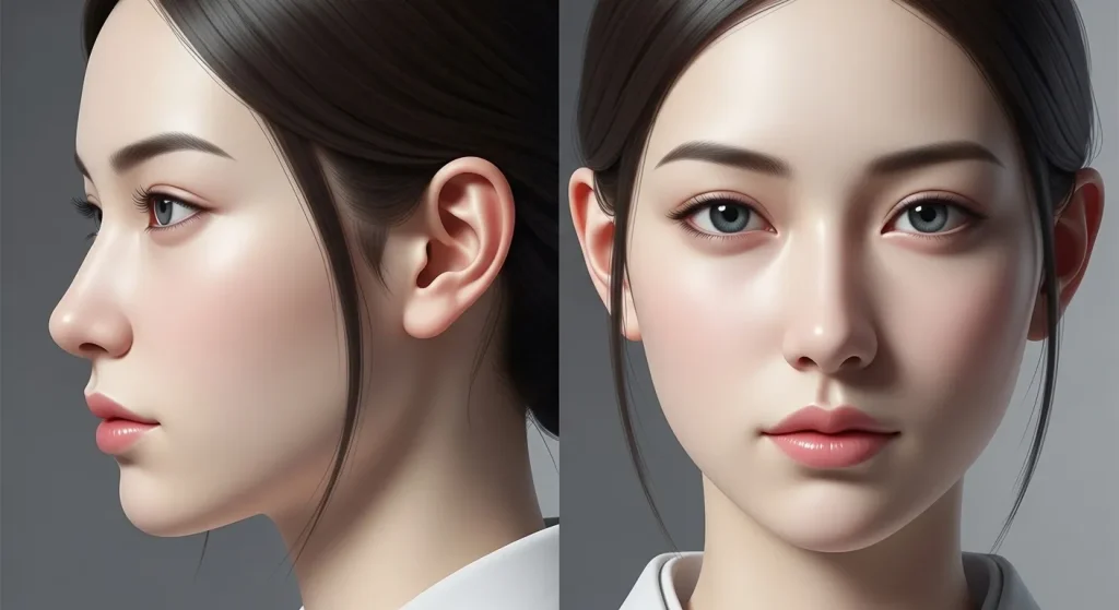 秋田美人のハーフ顔の特徴である彫りの深い顔立ちと整った横顔と正面の比較イラスト