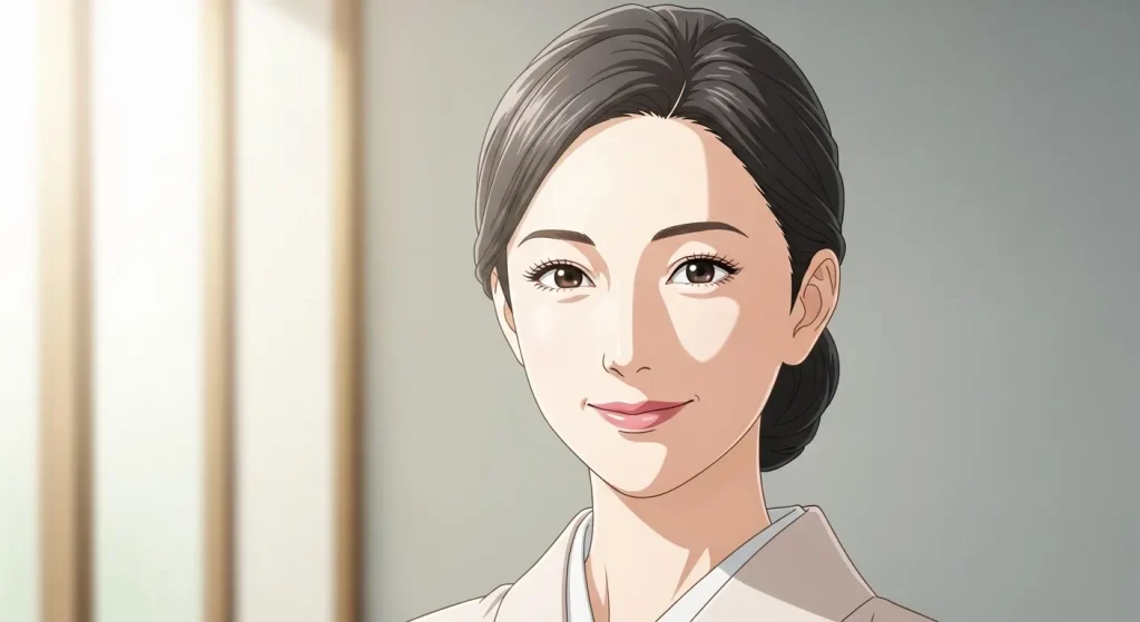 秋田美人の特徴である清潔感と落ち着いた雰囲気を持つ女性のイラスト