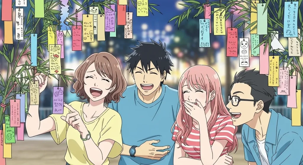 七夕の短冊を見て笑う人たちのイラスト｜面白い願い事でセンスいい例のイメージ