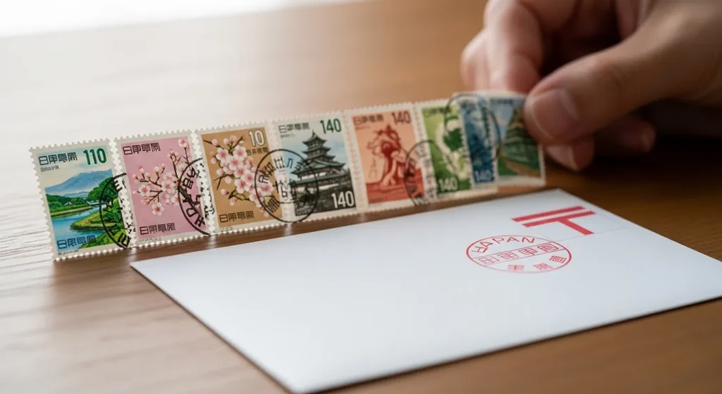 110円や140円切手を封筒に貼る様子と郵便料金のイメージ