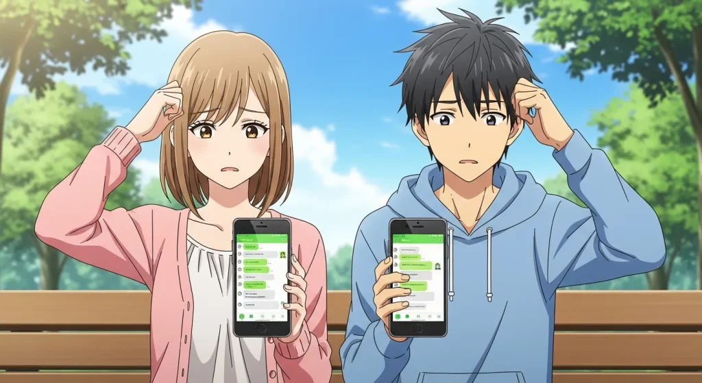 LINEの送信取り消しについて疑問に思う男女のイメージイラスト