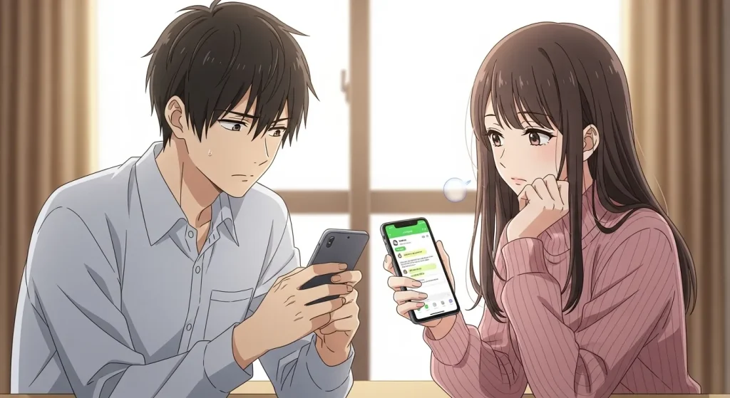 LINE送信取り消しの心理について考える男女のイメージイラスト