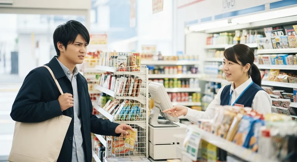 コンビニで切手が見つからず困っている男性と店員のやり取り