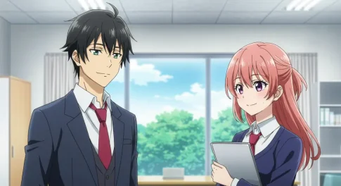 職場で適度な距離感を保ちながら会話する男女のイラスト