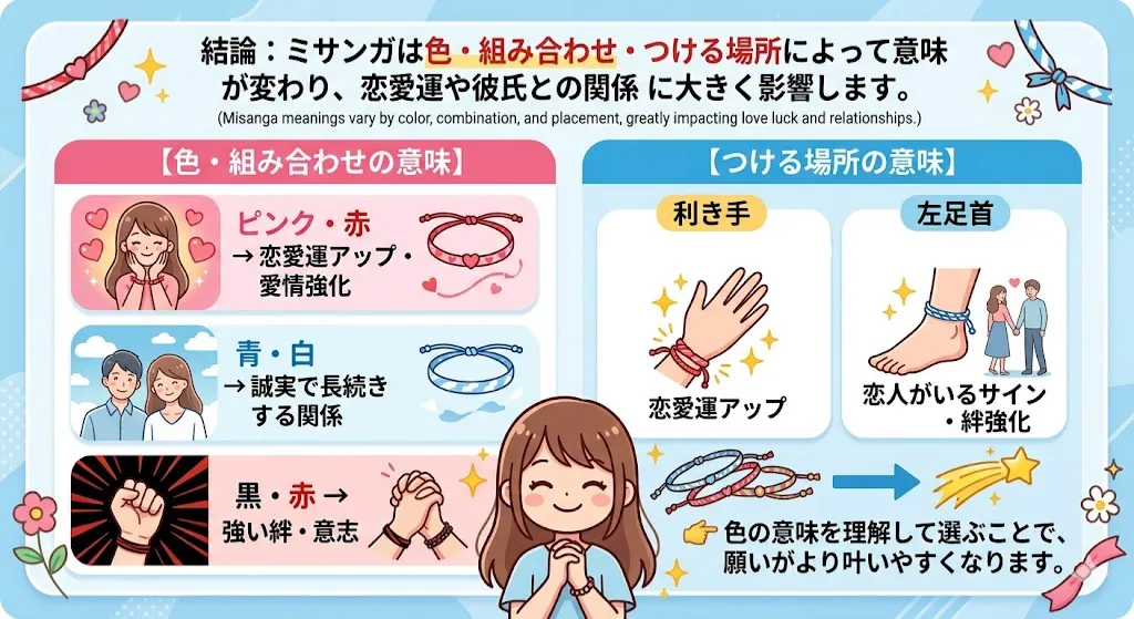 ミサンガの色と組み合わせ・つける場所の意味を解説した図（恋愛運と彼氏との関係）