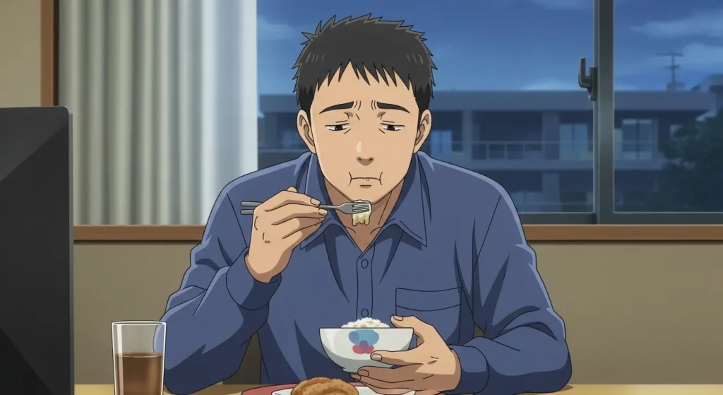 一人で食事したいと感じる男性の心理｜疲れて一人で静かに食事する様子