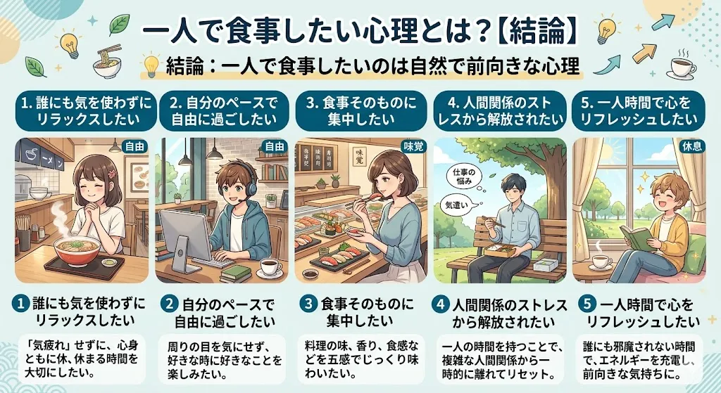 一人で食事したい心理の理由5つ（自由・リラックス・集中・ストレス解放・リフレッシュ）を解説した図解