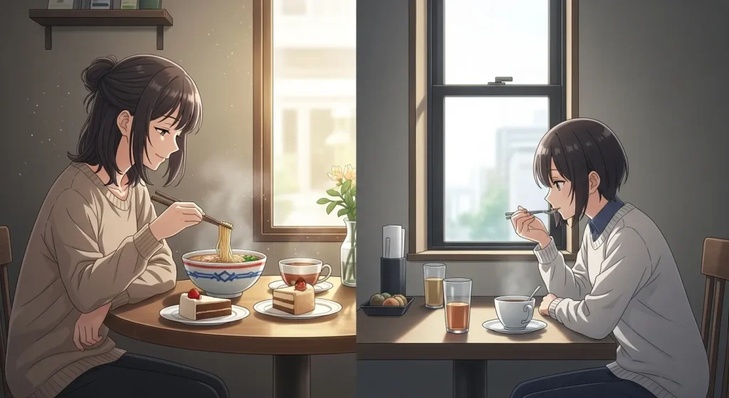 一人で食事するメリットとデメリットの比較｜リラックスと孤独の違いを表したイラスト