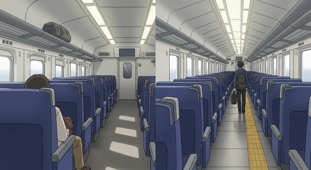 新幹線の後方車両が空いていてゆったり座れる車内の様子