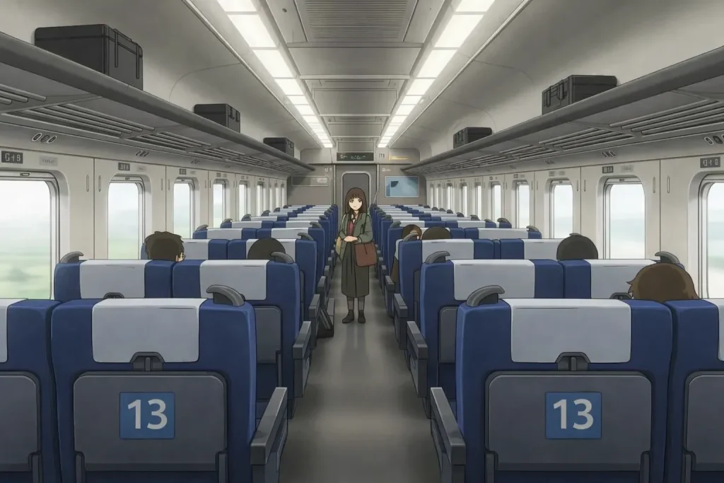 新幹線13号車の車内が空いていて座席に余裕がある様子