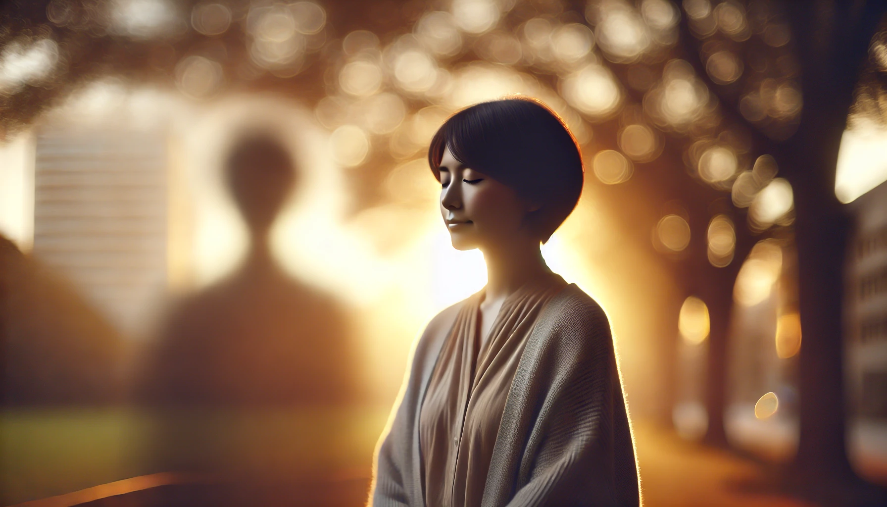 日没の光の中で瞑想し落ち着いた表情を見せる女性