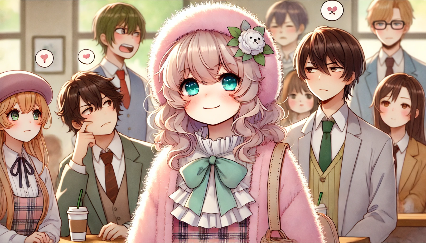  ふわふわした服装の女性と、その態度に困惑した表情を浮かべる周囲の人々のイラスト。