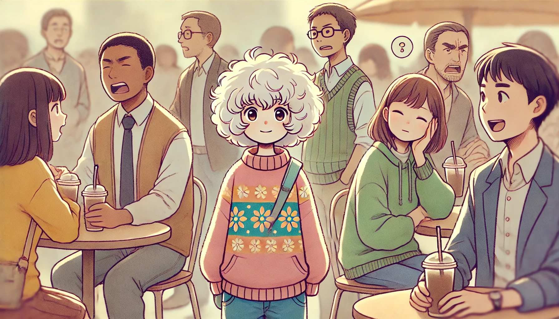 ふわふわした外見とは対照的に、鋭い表情を見せる毒舌キャラクターのイラスト。