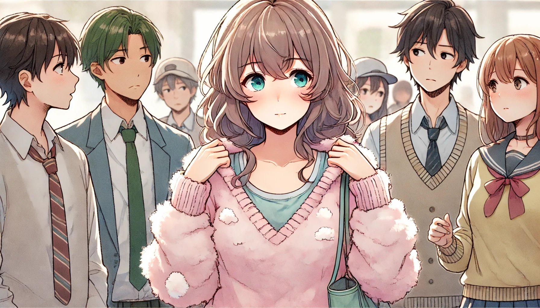 ふわふわした女性と、それを苦手そうに見つめる周囲の人々のイラスト。