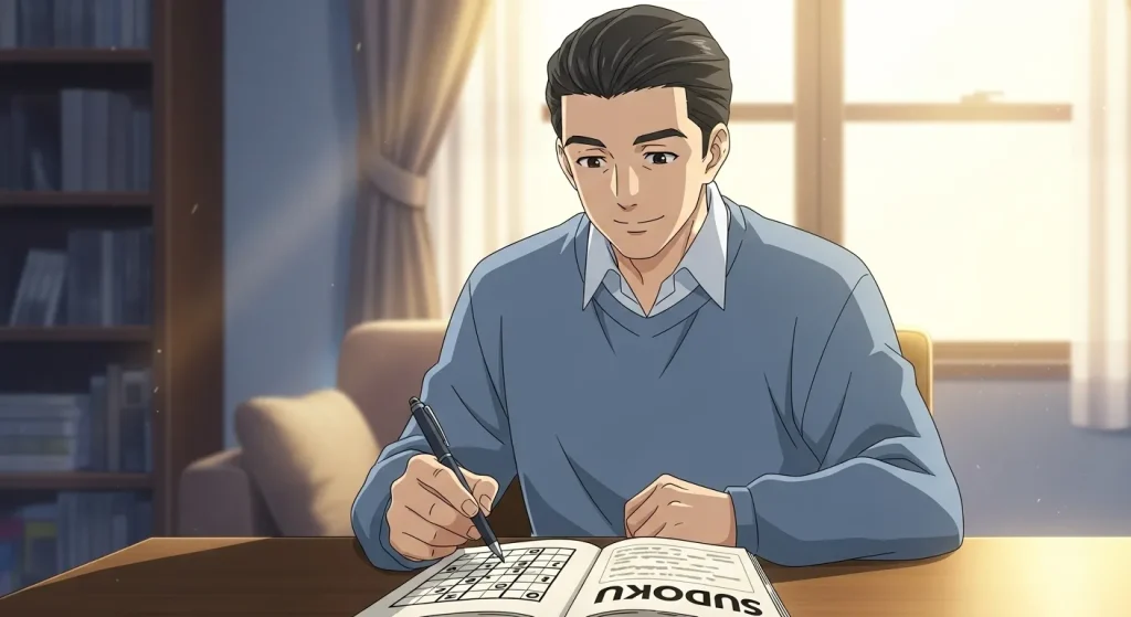 数独を解いて満足そうな男性、論理的思考と達成感を表現したイラスト