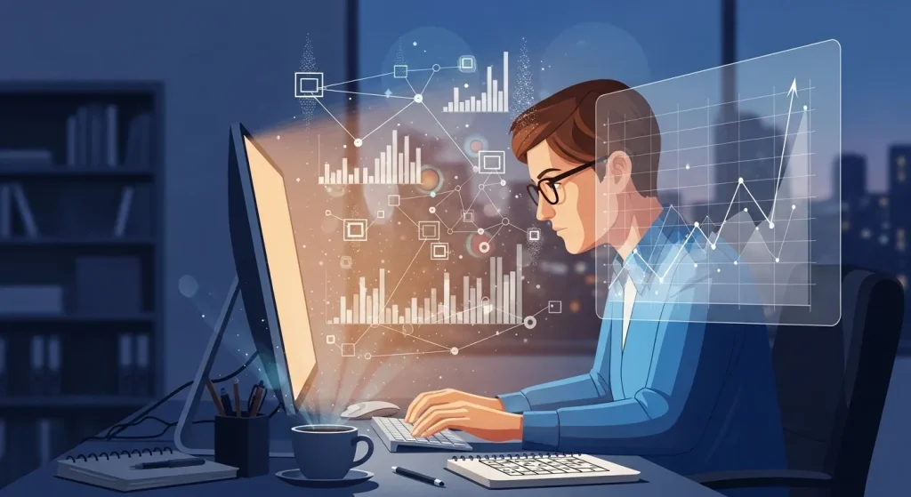 パソコンでデータ分析を行う男性のイラスト、論理的思考と仕事に集中する様子