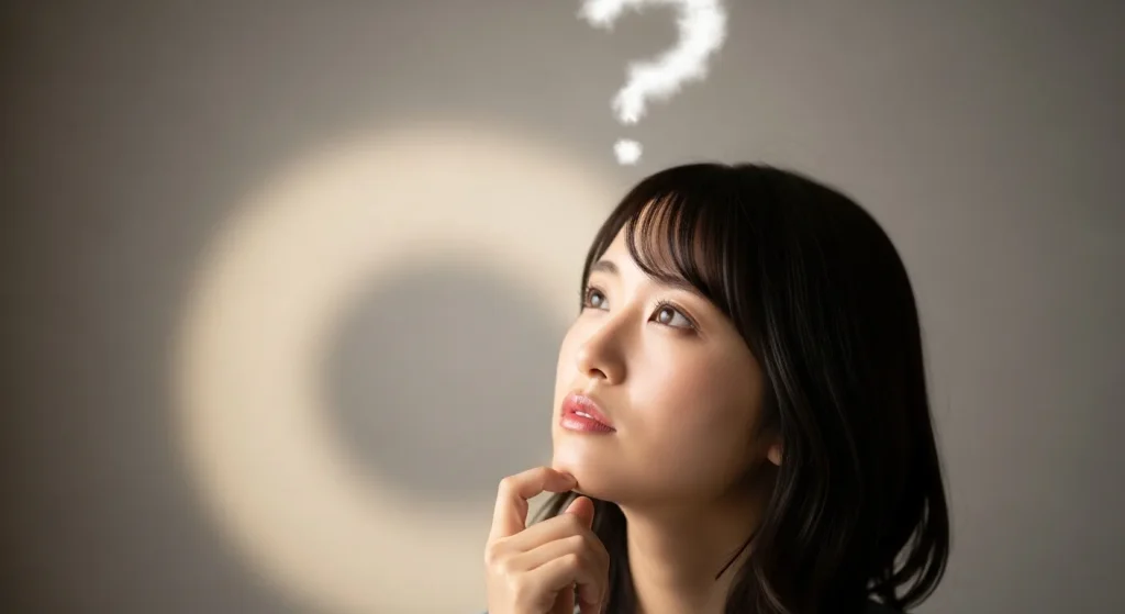 疑問を考えている女性のイラスト、悩みや質問をイメージした思考シーン