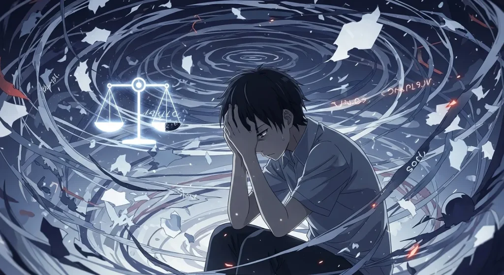 悩みながら考え込む男性、思考が絡まりストレスを感じている様子のイラスト