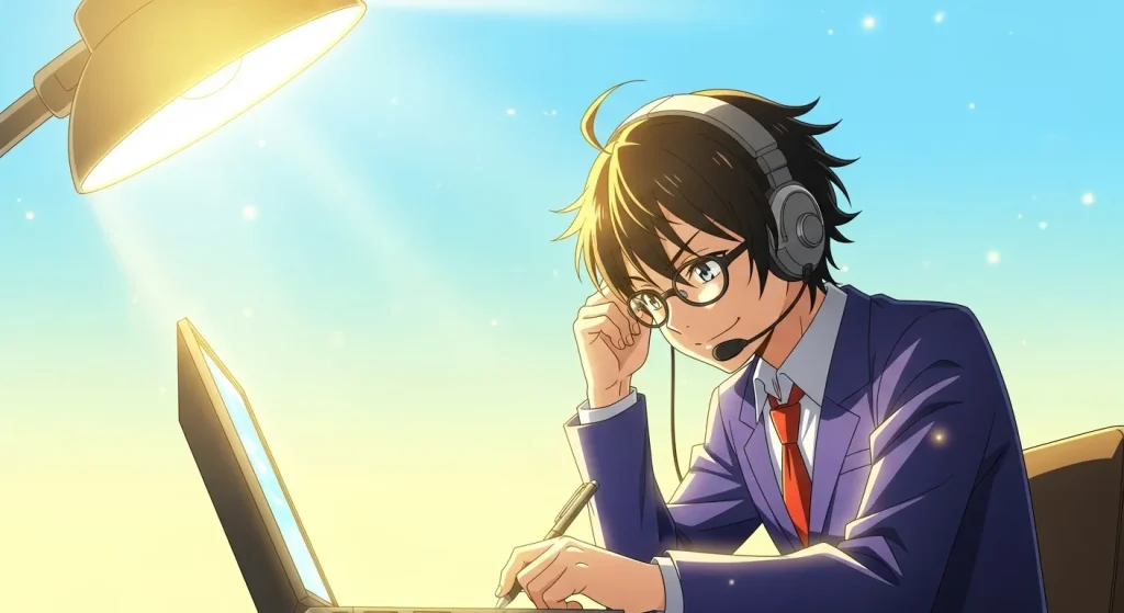 集中して作業する男性のイラスト、論理的思考と成長を感じるポジティブな様子