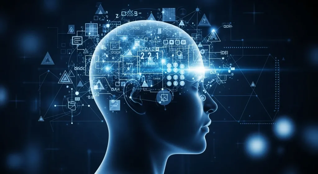 脳内で情報処理を行う様子を表したイラスト、論理的思考と分析力のイメージ