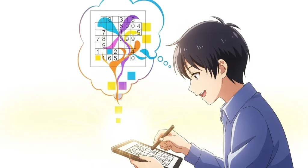 数独を解きながらひらめく男性のアニメイラスト、論理的思考と集中力を表現