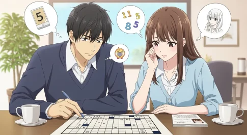 数独を一緒に解く男女のアニメイラスト、思考や性格の違いを表現