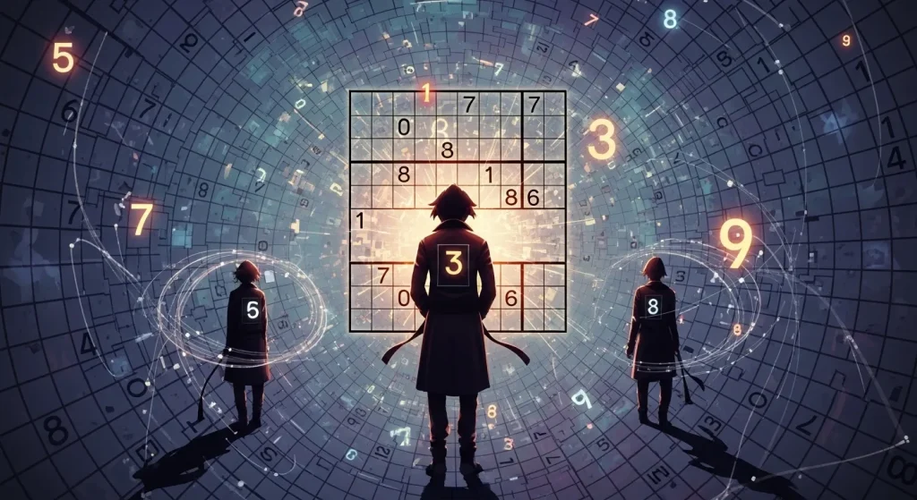 数独の世界に入り込む人物たち、数字と論理思考を象徴したイラスト