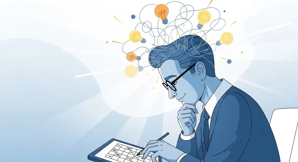 数独を解きながら思考する男性、論理的思考とアイデアを表現したイラスト