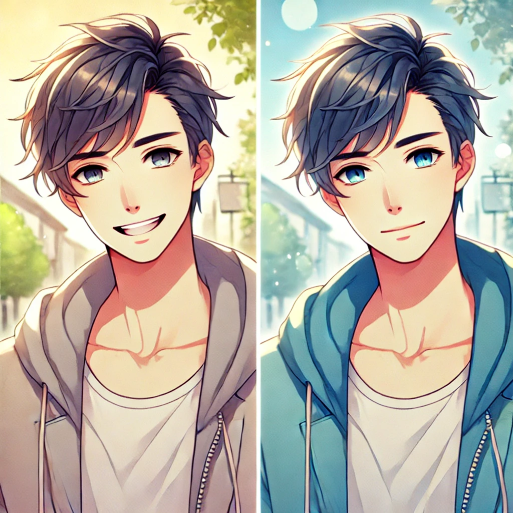 明るくてドライな性格の男性キャラクター。親しみやすい笑顔と冷静な表情が共存したアニメ風のイラスト。