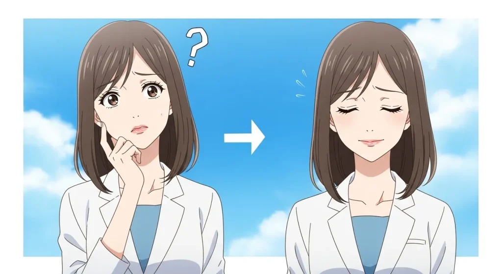 水色が好きな人の性格や特徴に関する疑問から安心へ変化する女性のイラスト