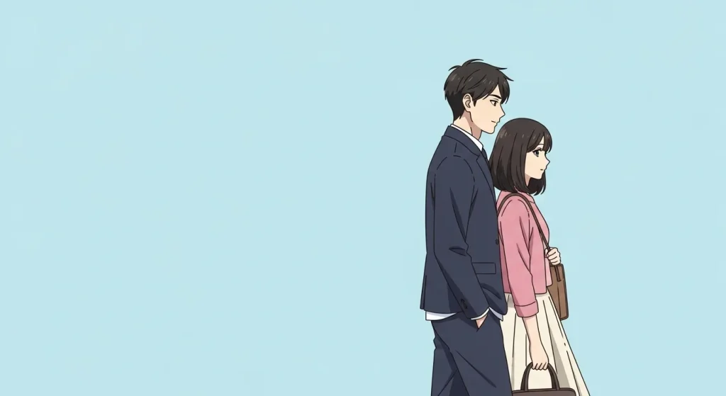水色が好きな人の恋愛傾向をイメージした適度な距離感を保つカップルのイラスト